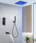 UMJIGF Shower System Black Shower Faucet Set with Led Digital Display, Shower Combo Set Brass Mixer Shower with Led Fall and Waterfall Shower Head, Handheld Shower, Waterfall Tu,8 Inch with blue LED waterfalls.