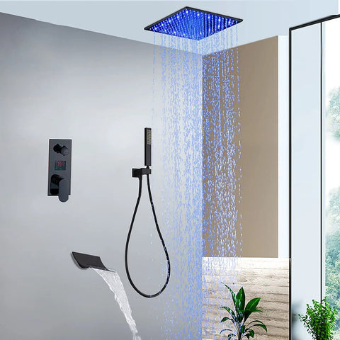 UMJIGF Shower System Black Shower Faucet Set with Led Digital Display, Shower Combo Set Brass Mixer Shower with Led Fall and Waterfall Shower Head, Handheld Shower, Waterfall Tu,8 Inch with blue LED waterfalls.