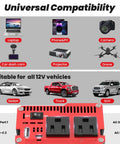 Compatibility chart showing devices and vehicles for a 1000W Continuous Power Inverter For Vehicles And Home Use With LCD Display.