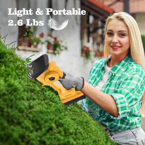 Woman using 20V Cordless Hedge Trimmer With 2 In 1 Grass Shears, Battery Not Included, Your Go To Yard Tool on bushes