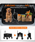 Heavy Duty Collapsible Wagon Cart With 350 Lb Capacity And All Terrain Wheels For Camping, Grocery Shopping, Garden And Sports, Large Foldable Utility Wagon With Adjustable Handle For Easy Towing On Any Terrain, Black shown in folded and unfolded states with groceries.