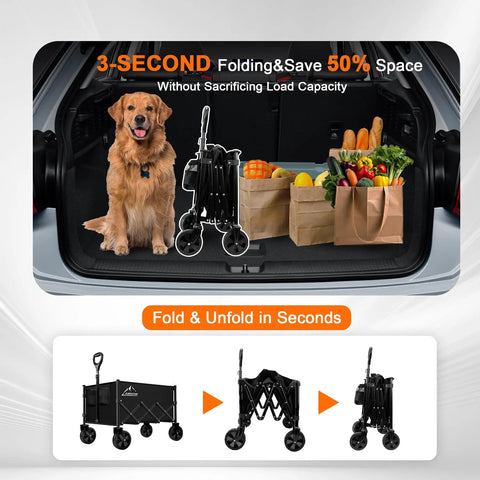 Heavy Duty Collapsible Wagon Cart With 350 Lb Capacity And All Terrain Wheels For Camping, Grocery Shopping, Garden And Sports, Large Foldable Utility Wagon With Adjustable Handle For Easy Towing On Any Terrain, Black shown in folded and unfolded states with groceries.