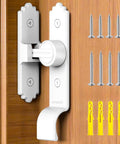 White Built Tough Heavy Duty 90 And 180 Degree Barn Door Latch With Handle mounted on wooden door, screws included
