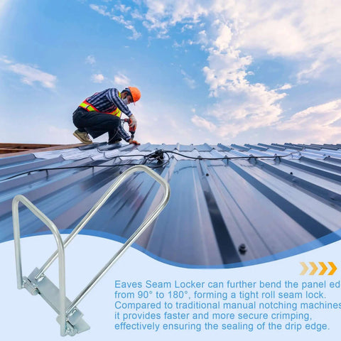 Pro Grade Standing Seam Roofing Tool For Roofers And Sheet Metal Pros Fast And Clean Hemming For Drip Edges shown on metal roof