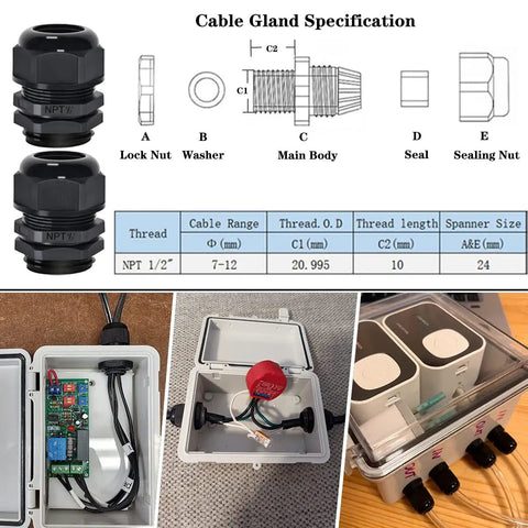 Rugged Outdoor IP65 Weatherproof Electrical Junction Box with Hinged Clear Cover, shown with cable glands and internal wiring setup.