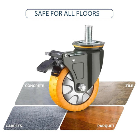Heavy Duty M20 Stem Caster Wheels 4 Pack With Double Lock Brake, showcasing smooth polyurethane roller for various floor types.