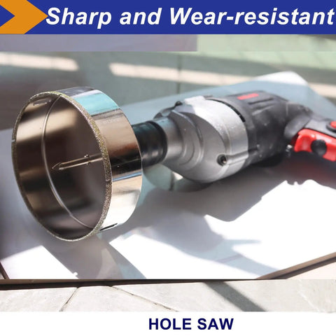 4 Inch Diamond Hole Saw With Pilot Bit For Glass And Tile Triple Layer Diamond Coating attached to drill on tile surface