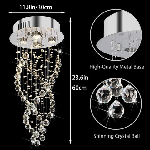 Modern Spiral Raindrop Crystal Chandelier Three Light Flush Mount Ceiling Fixture With K9 Crystal Orbs, sleek design.