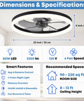 Dimensions and specifications of Smooth Breeze 20 Inch Ceiling Fan With Light And Remote Low Profile Flush Mount.