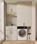 Laundry room with white cabinets featuring Matte Black Cabinet Handles 3 Pack 5 Inch Modern Cabinet Pulls For Kitchen And Vanity Durable Solid Construction