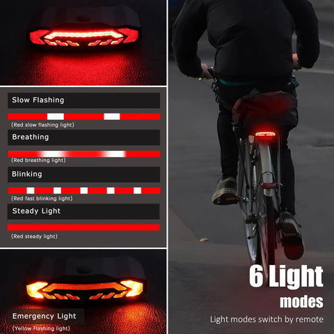 Smart Bike Tail Light For Cargo Rack With Turn Signals And Brake Light Auto On Off USB Rechargeable Wireless Remote Horn Alarm Anti Theft Vibration Sensor Rear Bicycle Light With Rack Mount For Night Riding on rear bike rack, red and yellow modes