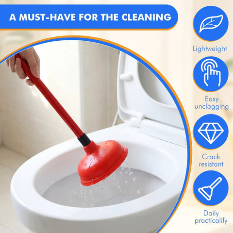 Tough As Nails Toilet Plungers 12 Pack Bulk 19 Inch Long Handle Suction Cup Plunger in use over a toilet, demonstrating easy unclogging.