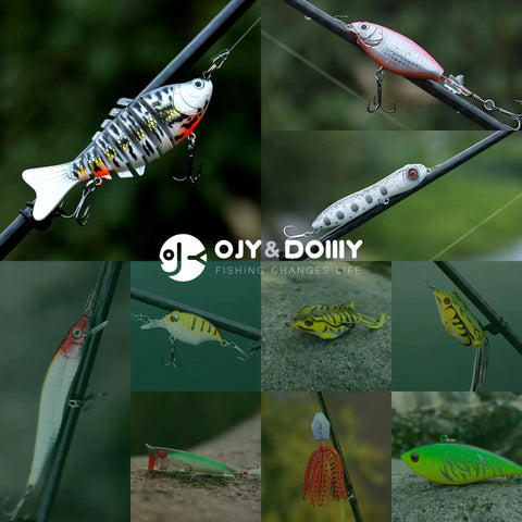 Collage of All In One Bass Fishing Lures Kit For Freshwater With Animated Swimbaits, Crankbait, Topwater Plopper, and Tackle Box.