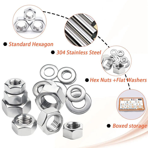 All In One 276 Piece Metric Hex Nut And Washer Kit With Seven Sizes M3 M4 M5 M6 M8 M10 M12 In 304 Stainless Steel For Screws Bolts
