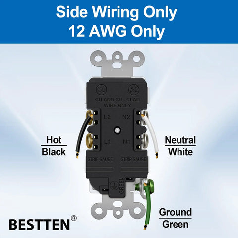 Back view of Bestten receptacle with wiring labels, part of 10 Pack 20 Amp Decor Wall Receptacles With Tamper Resistant Shutters.