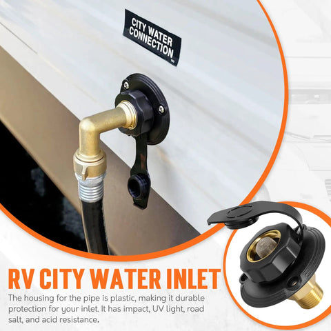 RV City Water Inlet With Check Valve Replacement Lead Free Brass Threads Three Quarter GHT Female And One Half NPT Male Pipe Fittings Water Hose Connector For Campers Trailers And Motorhomes on RV sidewall
