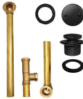 No Fuss Above Floor Bathtub Overflow Drain Kit With Tip Toe Drain Valve And Two Hole Cover Matte Black, brass components and black trim