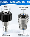 Pressure washer quick-connect adapters set, stainless steel, M22 14mm to 3/8 in QC swivels, 4-pack