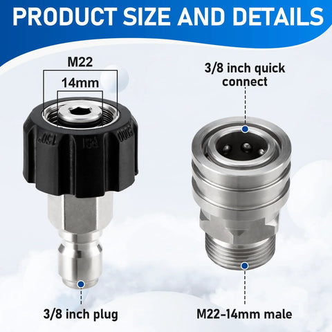Pressure washer quick-connect adapters set, stainless steel, M22 14mm to 3/8 in QC swivels, 4-pack
