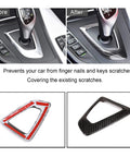 BMW Carbon Fiber Style Interior Trim Sticker Kit before and after installation on shift knob panel cover