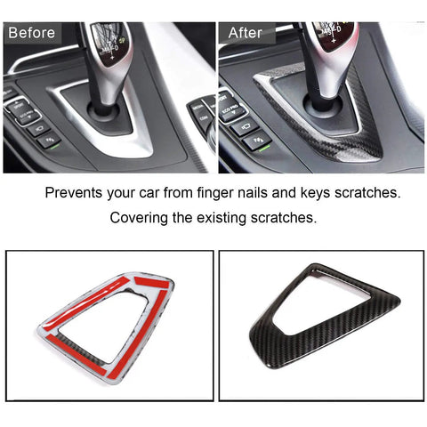 BMW Carbon Fiber Style Interior Trim Sticker Kit before and after installation on shift knob panel cover