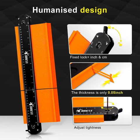 Connectable Contour Gauge Trio 5 Inch 10 Inch 15 Inch With Lock showcasing design features, black and orange tools, precise shape replication.