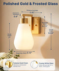 FLSNT Wall Sconces Set of 2, Hardwired E26 Wall Lighting with polished gold and frosted glass details, showcasing dimensions.