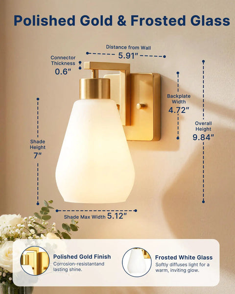 FLSNT Wall Sconces Set of 2, Hardwired E26 Wall Lighting with polished gold and frosted glass details, showcasing dimensions.