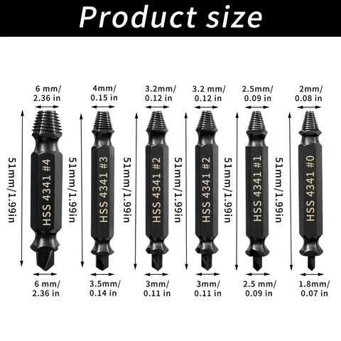 Six Piece Damaged Screw Extractor Set For Easy Out Bolts, Stripped Screw Remover Tool, And Stud Removal; sizes shown.