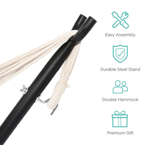 Close-up of Two Person Indoor Outdoor Hammock With Steel Stand Cozy Brazilian Gathered End Style Cotton Bed For A Cocoon Vibe.