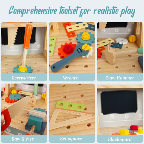 Close-up of Wooden Kids Tool Bench Set With 86 Accessories including saw, hammer, wrench, chalkboard, and colorful gears for pretend play.