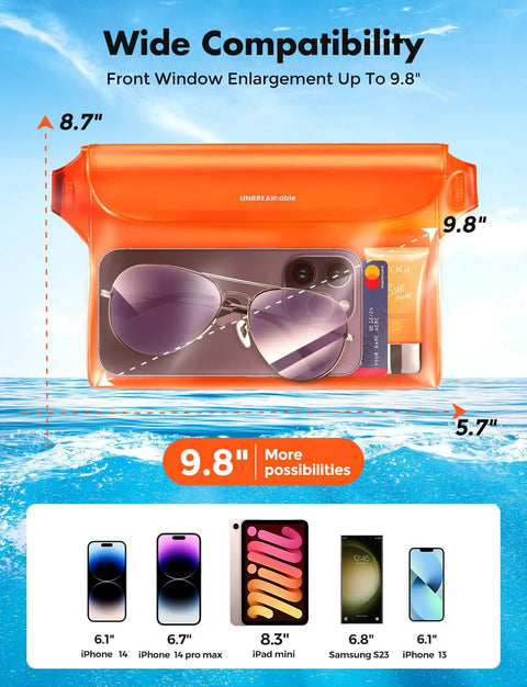 Waterproof Phone Pouch 2 Pack With Adjustable Waist Strap 9.8 Inch Front Window SGS IP68 Floating Dry Bag with sunglasses inside