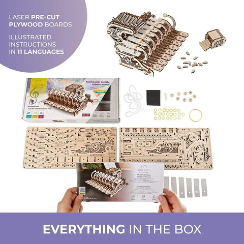 Mechanical Celesta Wooden Puzzle Kit For Adults, 3D DIY Musical Instrument That Doubles As A Functional Mini Piano, Music Box And Xylophone Brain Teaser, 4.7 Inch Tall Wood Model with parts and instructions
