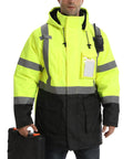 Mens Top Shelf High Visibility Reflective Jacket Waterproof Winter Work Parka Built Like A Tank Ansi Class 3 in neon yellow.