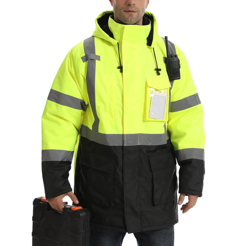 Mens Top Shelf High Visibility Reflective Jacket Waterproof Winter Work Parka Built Like A Tank Ansi Class 3 in neon yellow.