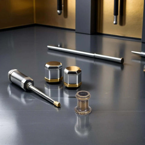 Grab These 8pcs Long Thread Lamp Pipe Couplers Made Of Heavy Duty Zinc To Join Light Fixture Connectors And Extend Pendant Rods With Ease For Any Home Glow Project. zinc lamp couplers on tabletop, shown with threaded rods and connector ends
