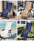 4 patio chaise lounger cushions in different settings: navy indoor, beige balcony, white outdoor, navy garden; 6 ties, breathable polyester.