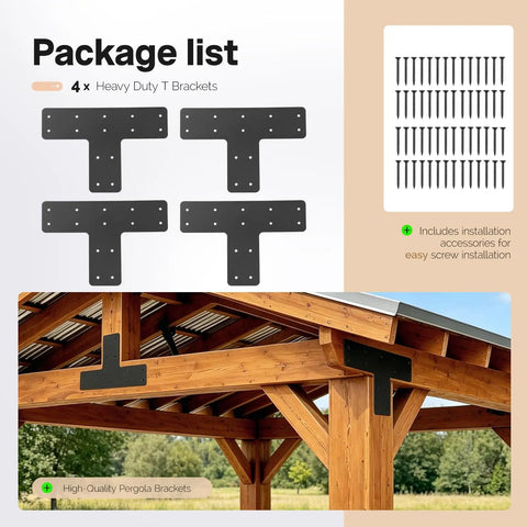 T Post Timber Pergola Bracket Set For 4x4 And 6x6 Lumber Heavy Duty Steel Powder Coated Black Four Pack installed on wooden structure