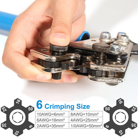 Heavy Duty Battery Cable Crimp Tool With Six Die Set For AWG 10 To One Zero Gauge And 6mm2 To 50mm2 in use