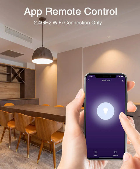 Smart E26 A19 LED Light Bulbs 2700K Warm White, 800 Lumens, 8W Dimmable, Works With Alexa And Google Home, App Control shown on phone