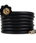 Olympian 12-Foot RV Propane Supply Hose With Built-In Excess Flow Protection coiled black hose showing soft-nose POL fitting