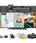 Mega 11.5 Inch Wireless CarPlay Screen With Android Auto HD Touchscreen, 4K Dash Cam, displayed with accessories