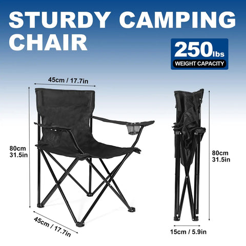 Two Pack Ultra Lightweight Camping Chairs For Adults And Teens, 250 Lb Capacity, foldable black chair diagram with dimensions