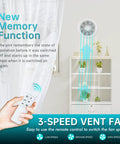 Person using remote control for 3-speed vent fan with new memory function in bright room setting with plant decor.