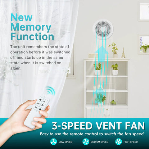 Person using remote control for 3-speed vent fan with new memory function in bright room setting with plant decor.