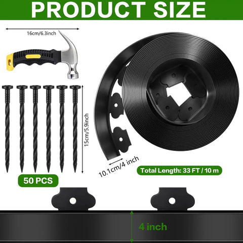 33 Foot Landscape Edging Kit With 50 Stakes 4 Inch Tall Flexible No Dig Plastic Lawn Border For Yards Flower Beds Pathways And DIY Landscaping In Black, showing coiled edging and stakes