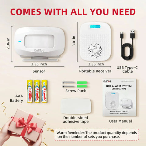 Bed Alarm System For Wandering Seniors And Dementia Patients Portable Pager With Wireless Motion Sensor Silent Vibration Alerts And Fall Prevention Room Monitor For Home Health Care, sensor and receiver set