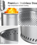 Smokeless Wood Burning Stove 19.5 Inch Stainless Steel Portable Outdoor Heater with high-temperature ceramic coating.