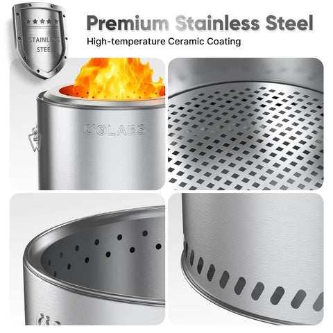 Smokeless Wood Burning Stove 19.5 Inch Stainless Steel Portable Outdoor Heater with high-temperature ceramic coating.