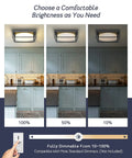 Lighting comparison showing a black square flush mount ceiling light with frosted glass shade at 100%, 50%, and 10% dimming levels.